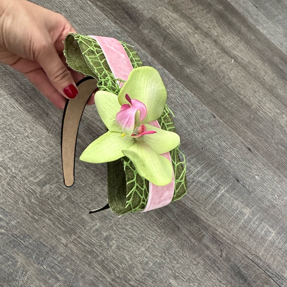 Handmade Designer Fascinator Headband Black Green Pink Velvet Bow Floral Orchid